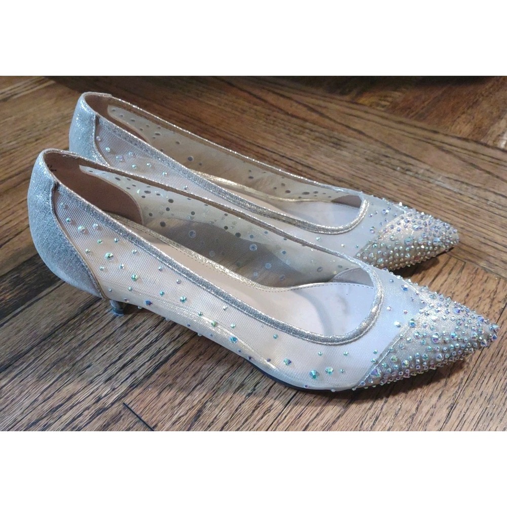 Lady Couture Silver Mesh Rhinestone Kitten Heel Pointed Toe Pumps‎ Womens 41